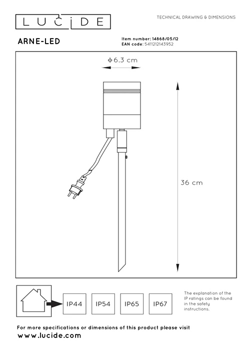 Lucide ARNE-LED - Spot de jardin - Ø 6,3 cm - LED - GU10 - 1x5W 2700K - IP44 - Chrome Dépoli - technique